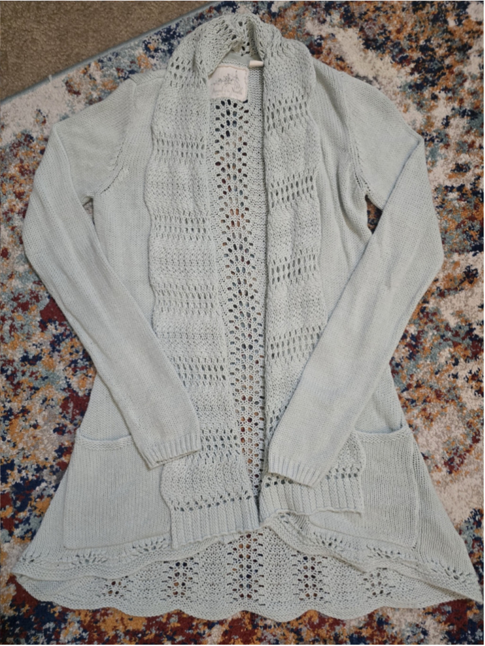Anthropologie Angel of the North Mint Green Open Knit Cardigan Scalloped XS